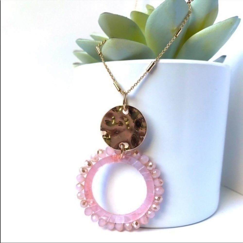 Glass Bead Pink Round Circle Pendant Resin Gold Tone Long Necklace